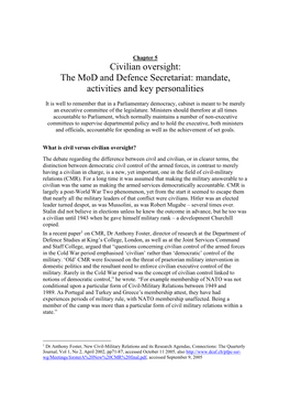 Civilian Oversight: the Mod and Defence Secretariat: Mandate, Activities and Key Personalities