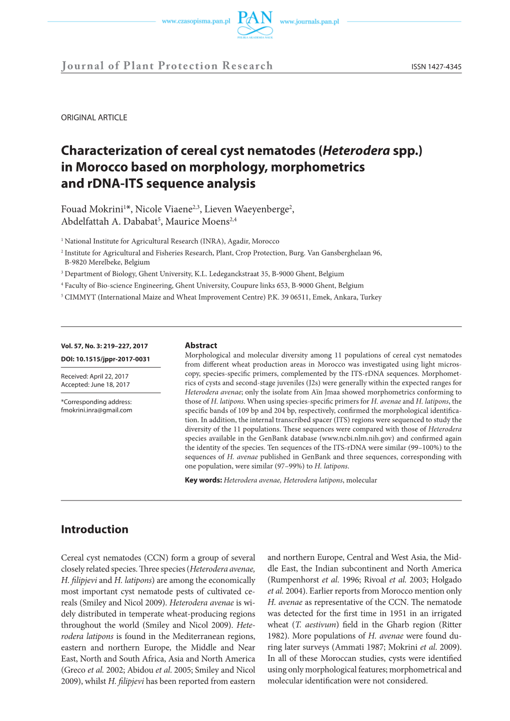 Characterization of Cereal Cyst Nematodes (Heterodera Spp.) in Morocco Based on Morphology, Morphometrics and Rdna-ITS Sequence Analysis