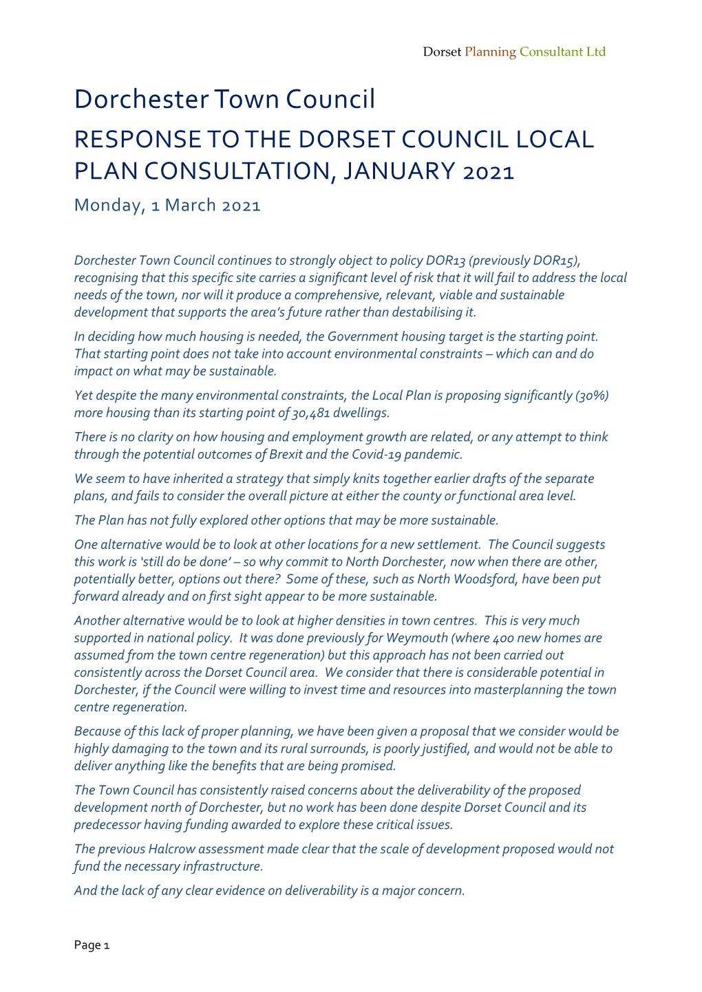 RESPONSE to the DORSET COUNCIL LOCAL PLAN CONSULTATION, JANUARY 2021 Monday, 1 March 2021