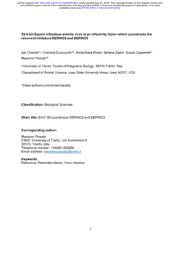 1 S2 from Equine Infectious Anemia Virus Is an Infectivity Factor Which Counteracts the Retroviral Inhibitors SERINC5 and SERINC