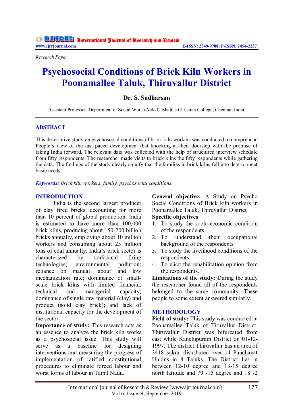 Psychosocial Conditions of Brick Kiln Workers in Poonamallee Taluk, Thiruvallur District