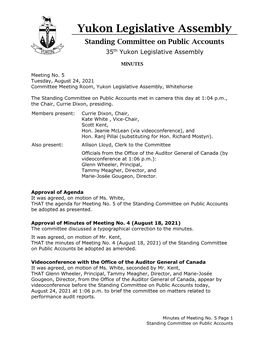 August 24, 2021 Committee Meeting Room, Yukon Legislative Assembly, Whitehorse