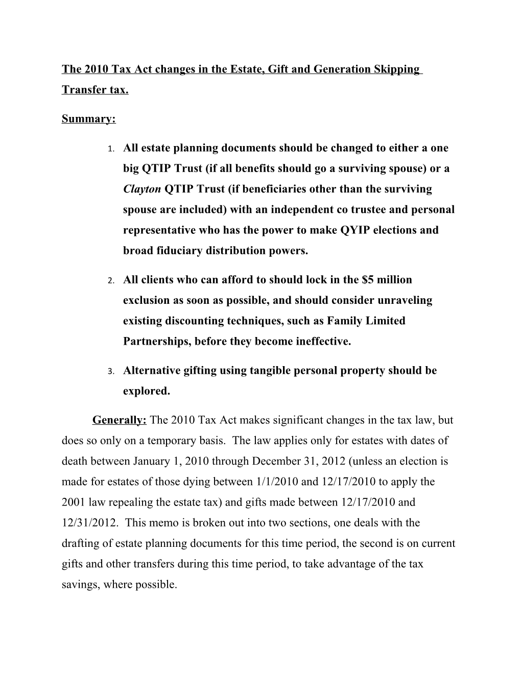 The 2010 Tax Act Changes in the Estate, Gift and Generation Skipping Transfer Tax