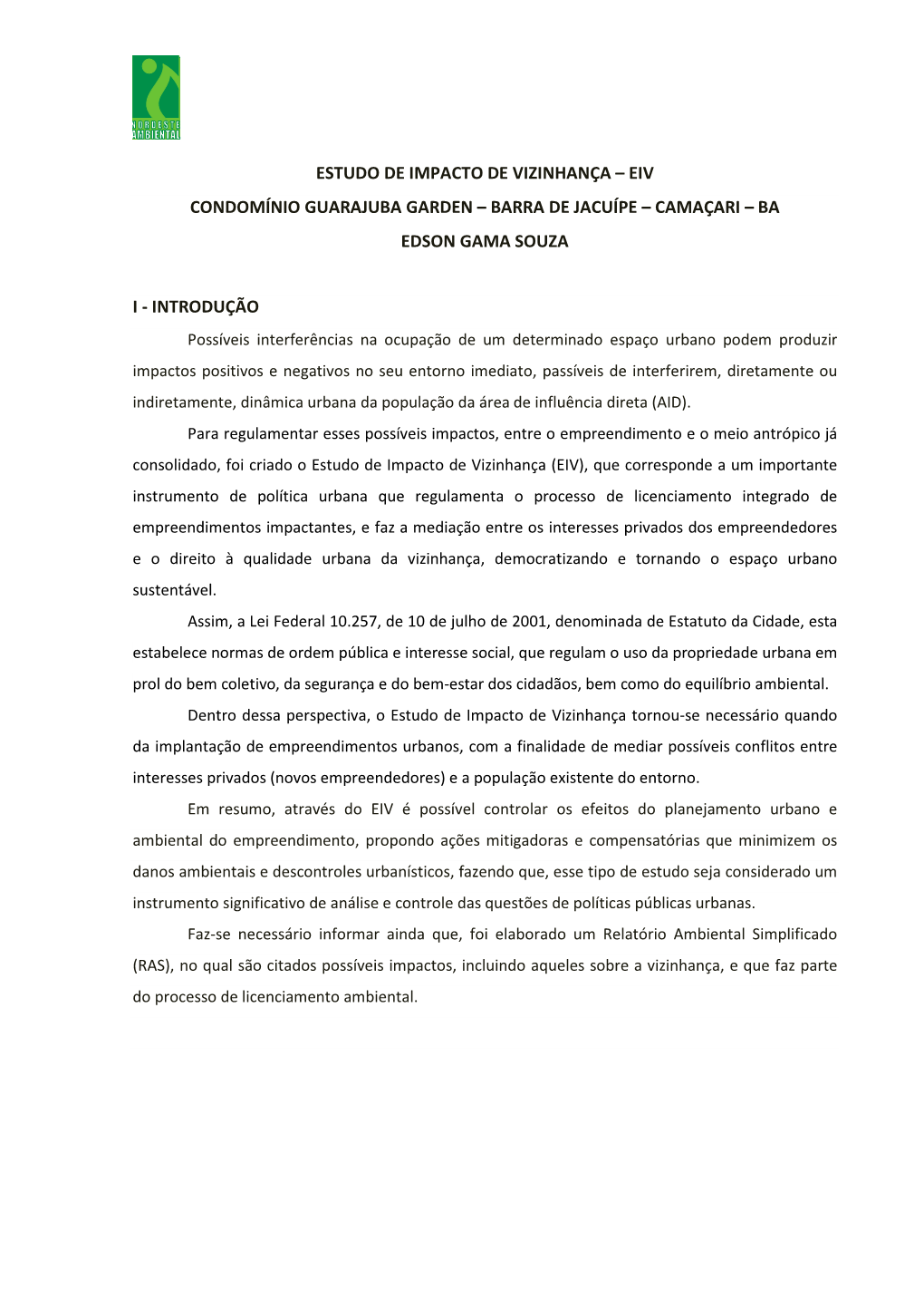 Estudo De Impacto De Vizinhança – Eiv Condomínio Guarajuba Garden – Barra De Jacuípe – Camaçari – Ba Edson Gama Souza