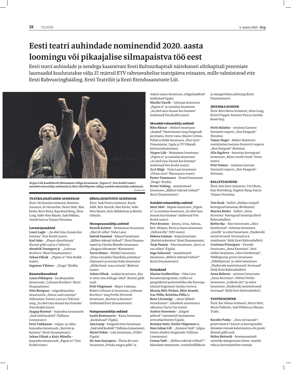 Eesti Teatri Auhindade Nominendid 2020. Aasta Loomingu Või
