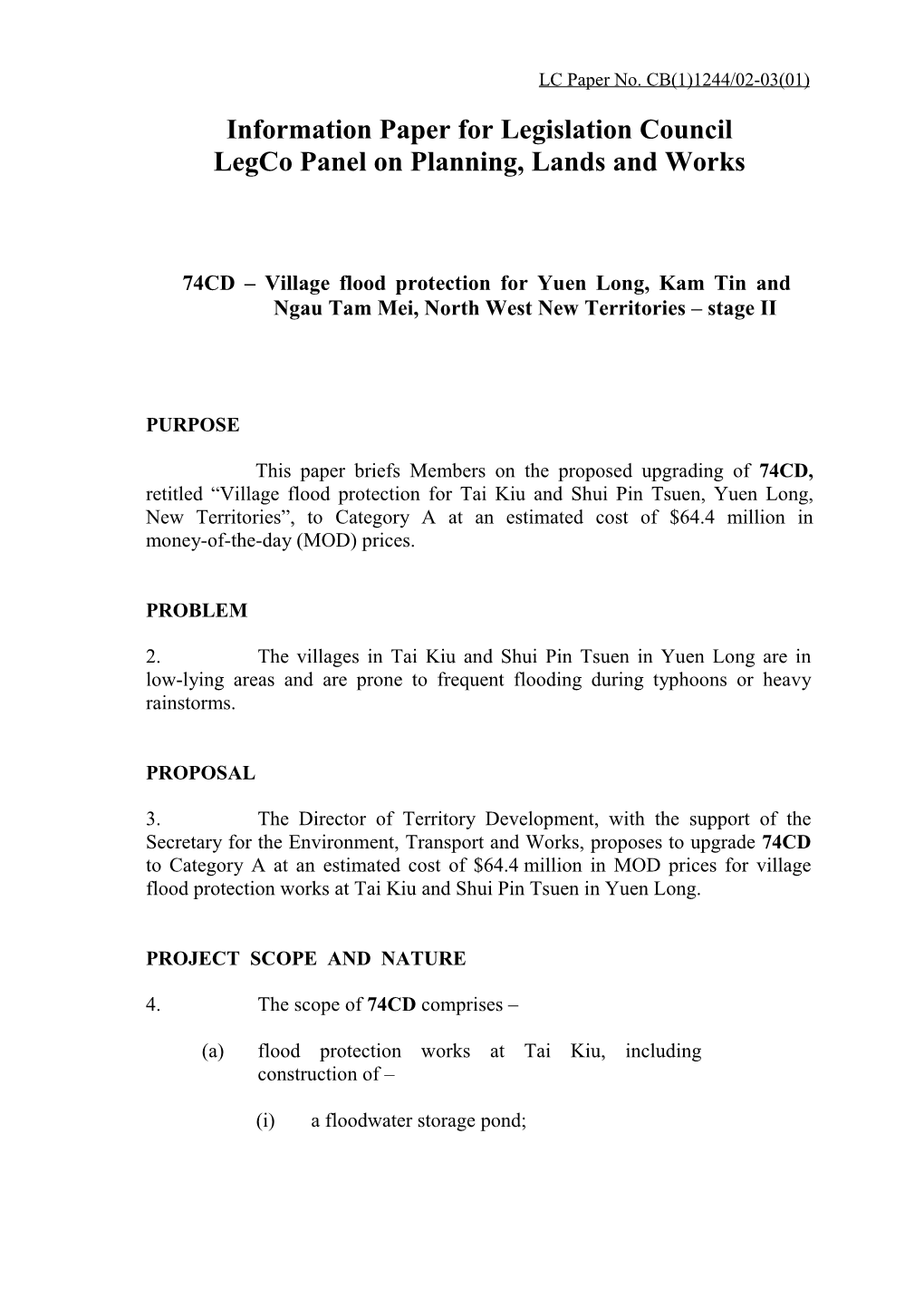 Information Paper on 74CD --- Village Flood Protection for Yuen Long, Kam