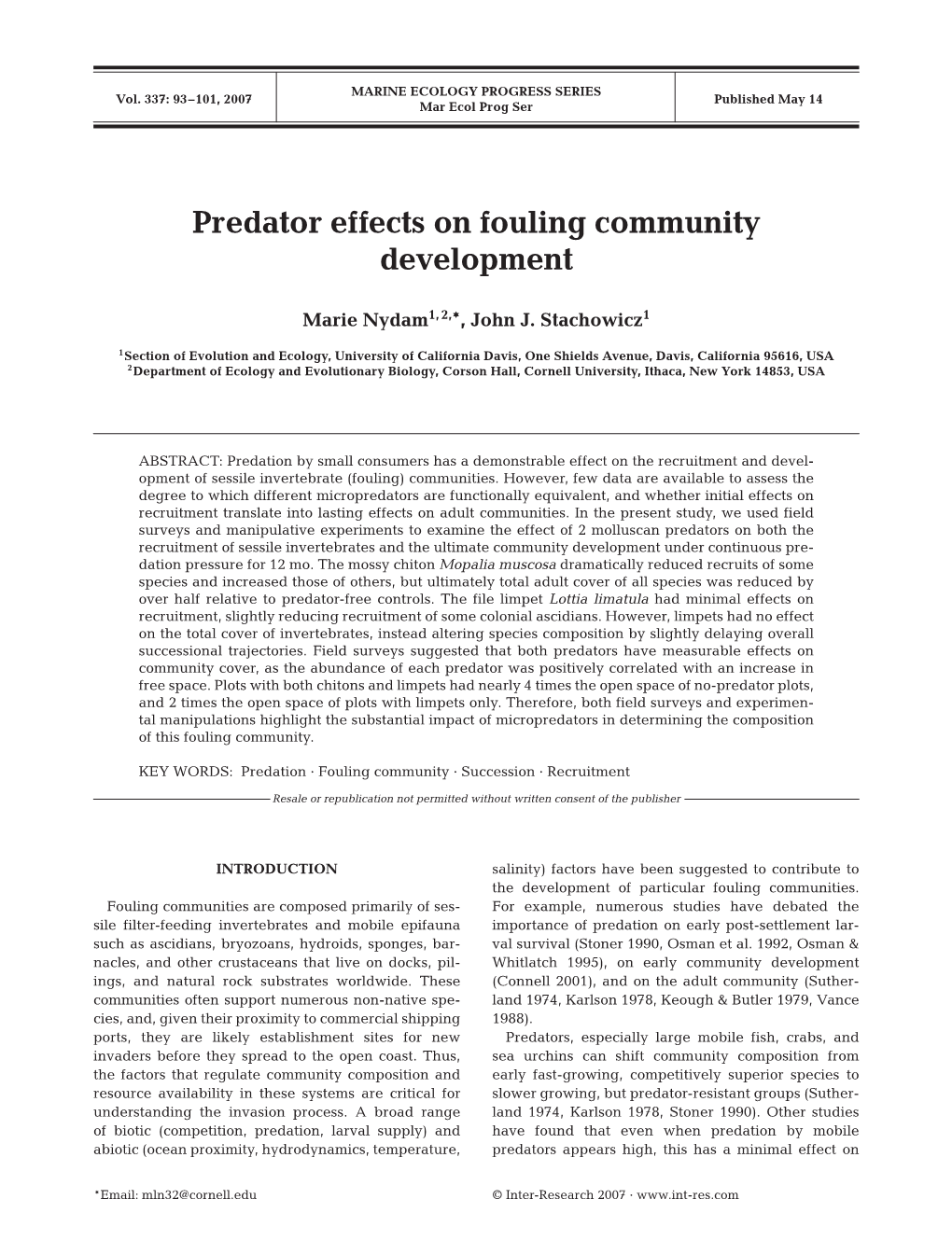 Predator Effects on Fouling Community Development