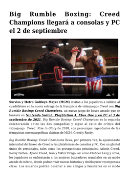 Big Rumble Boxing: Creed Champions Llegará a Consolas Y PC El 2 De Septiembre