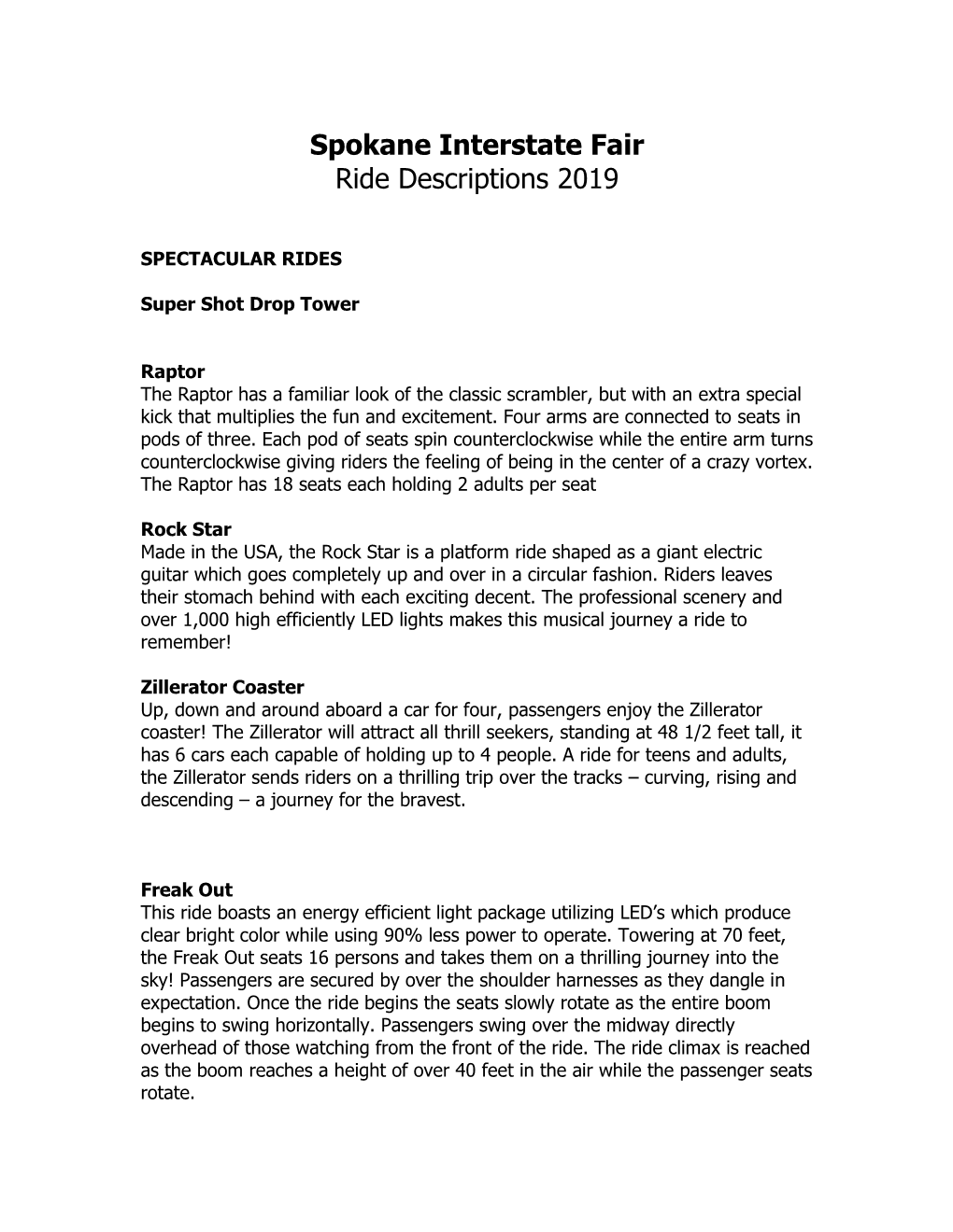 Spokane Interstate Fair Ride Descriptions 2019