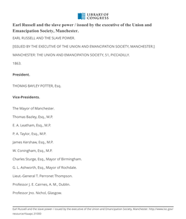 Earl Russell and the Slave Power / Issued by the Executive of the Union and Emancipation Society, Manchester