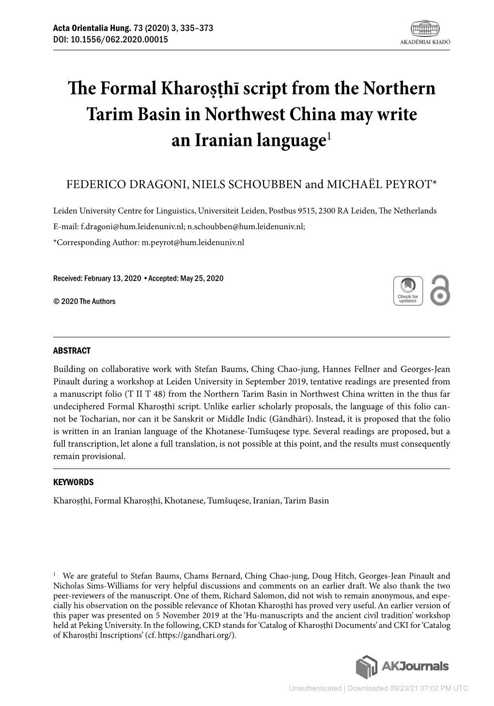 The Formal Kharoṣṭhī Script from the Northern Tarim Basin in Northwest