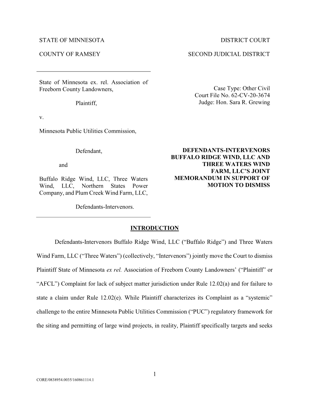 Buffalo Ridge Three Waters Memo in Support of Motion to Dismiss