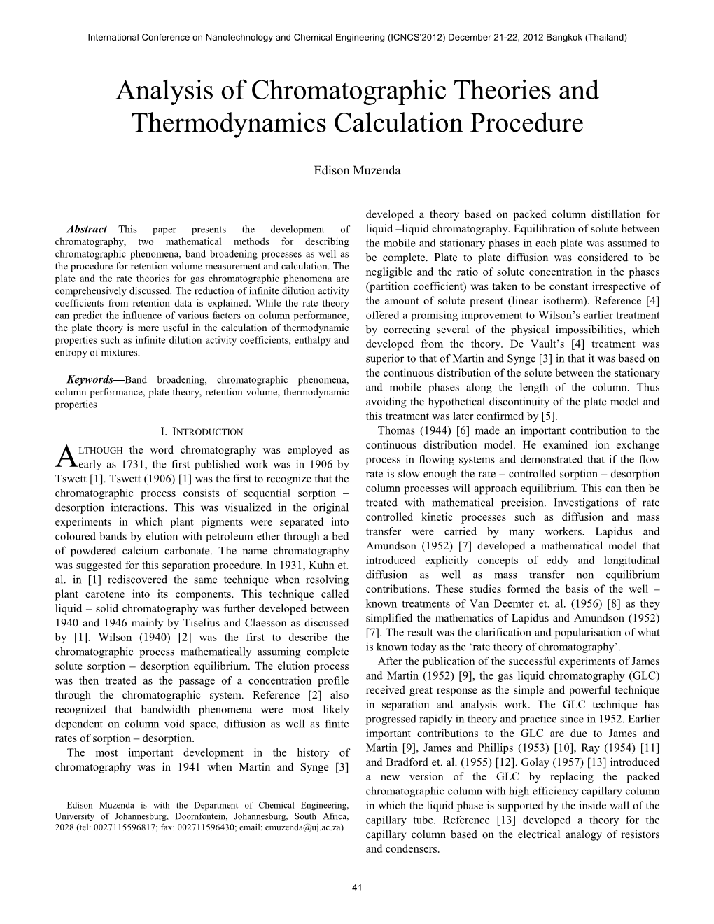 Analysis of Chromatographic Theories and Thermodynamics Calculation Procedure
