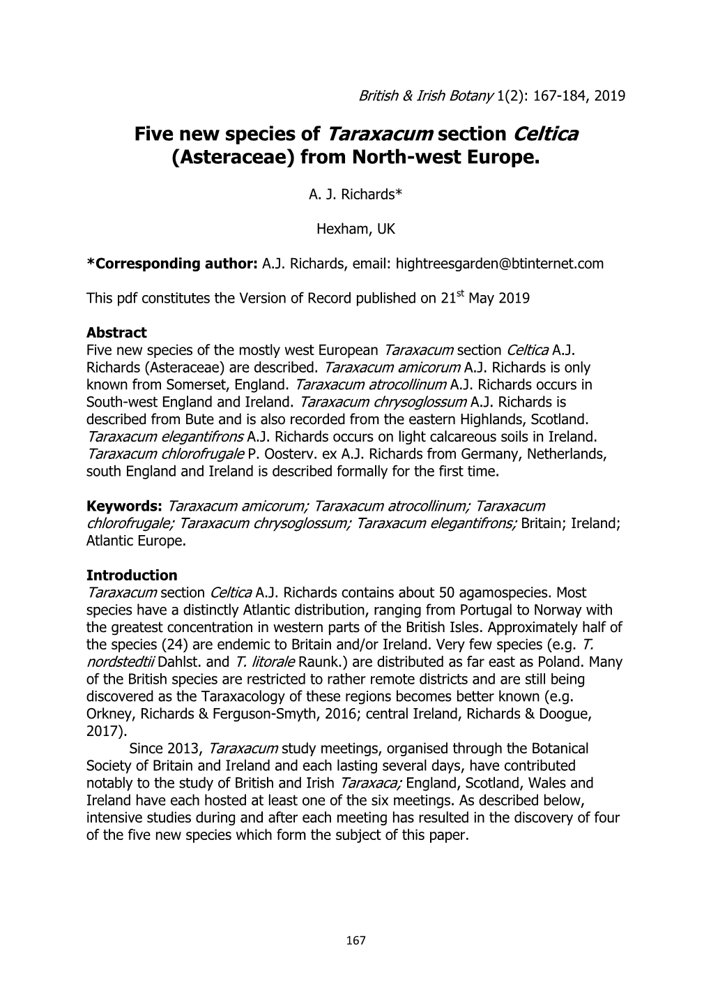 Five New Species of Taraxacum Section Celtica (Asteraceae) from North-West Europe