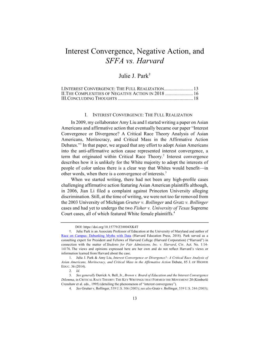 Interest Convergence, Negative Action, and SFFA Vs. Harvard