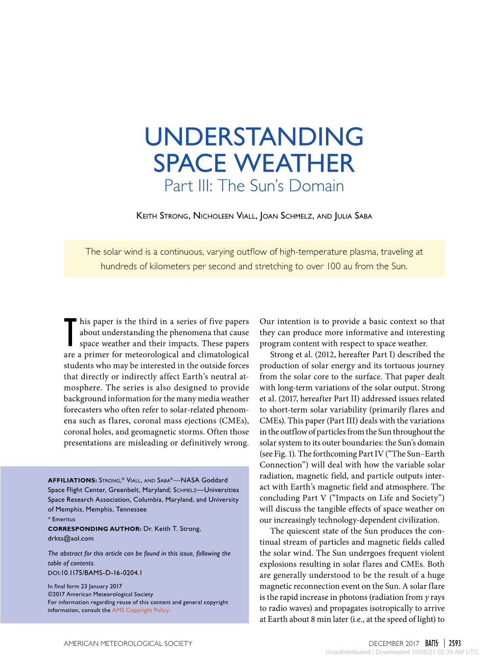 UNDERSTANDING SPACE WEATHER Part III: the Sun’S Domain