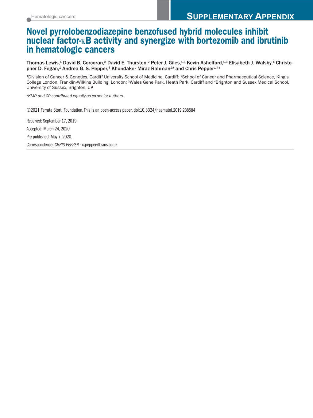 Novel Pyrrolobenzodiazepine Benzofused Hybrid Molecules Inhibit Nuclear Factor-Κb Activity and Synergize with Bortezomib and Ib