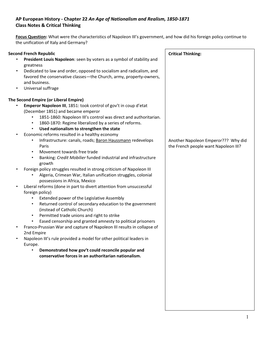 AP European History - Chapter 22 an Age of Nationalism and Realism, 1850-1871 Class Notes & Critical Thinking