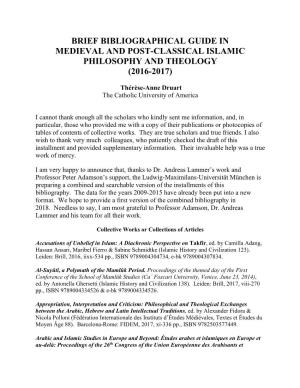 Brief Bibliographic Guide in Medieval and Post-Classical Islamic Philosophy and Theology (2016-2017)