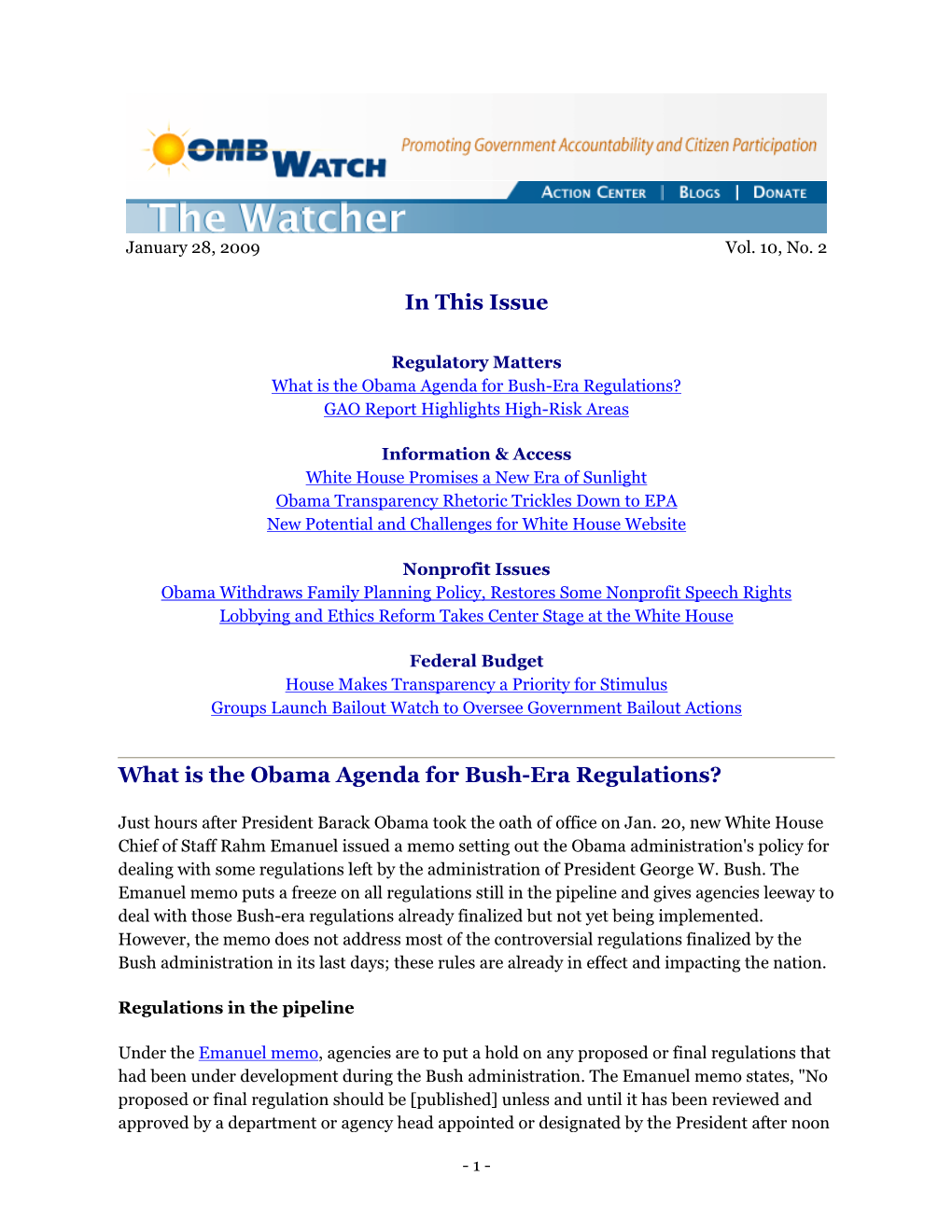 In This Issue What Is the Obama Agenda for Bush-Era Regulations?