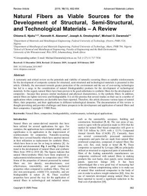 Natural Fibers As Viable Sources for the Development of Structural, Semi-Structural, and Technological Materials – a Review