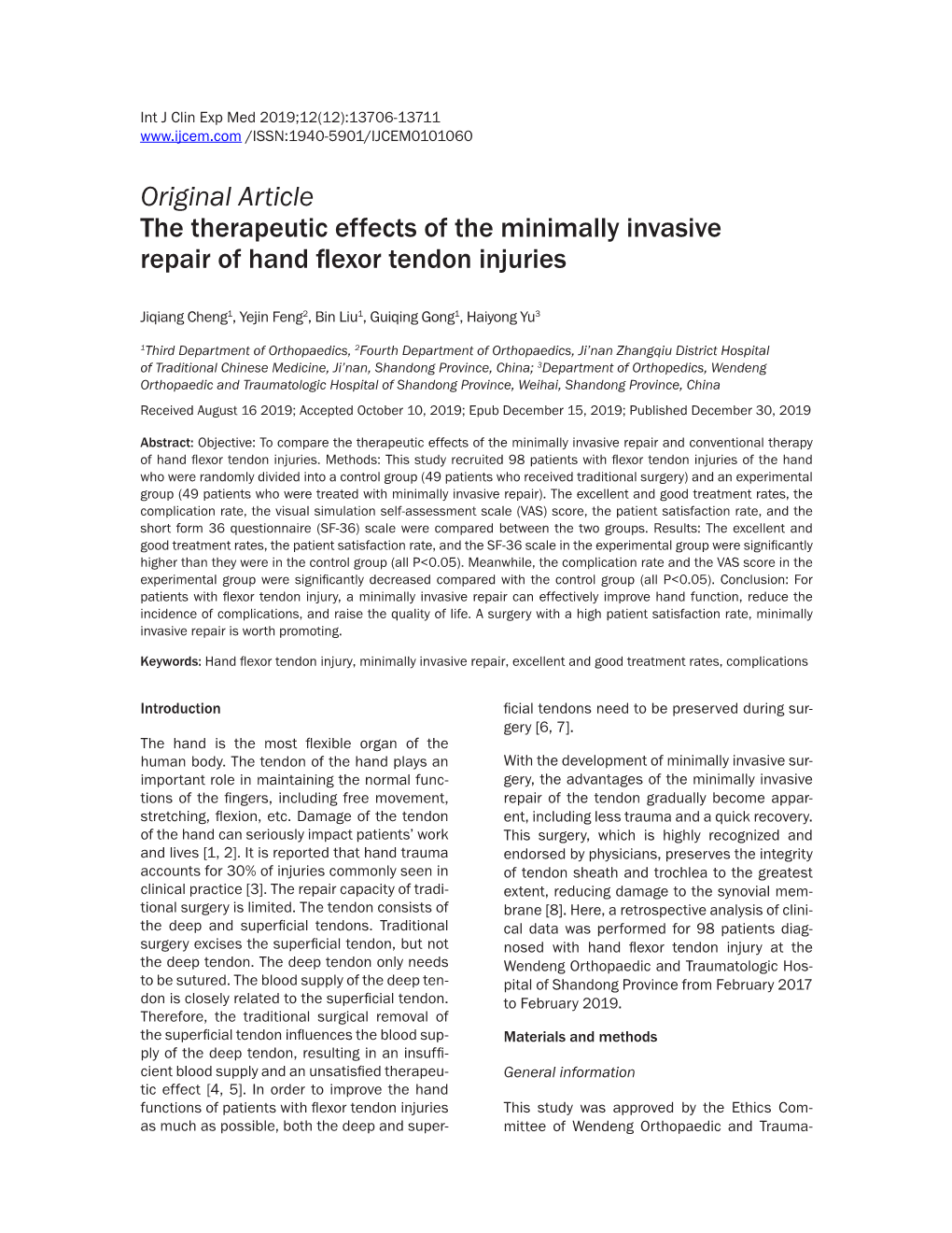 Original Article the Therapeutic Effects of the Minimally Invasive Repair of Hand Flexor Tendon Injuries