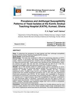 Prevalence and Antifungal Susceptibility Patterns of Yeast Isolates at the Komfo Anokye Teaching Hospital (KATH), Kumasi, Ghana