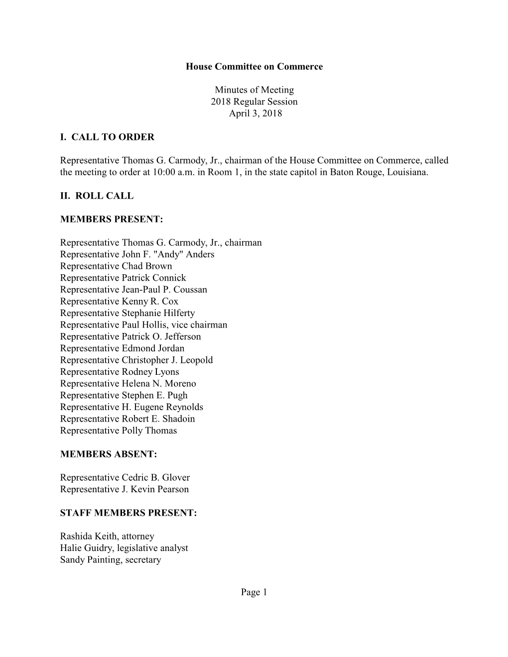 House Committee on Commerce Minutes of Meeting 2018 Regular