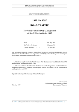 The Vehicle Excise Duty (Designation of Small Islands) Order 1995
