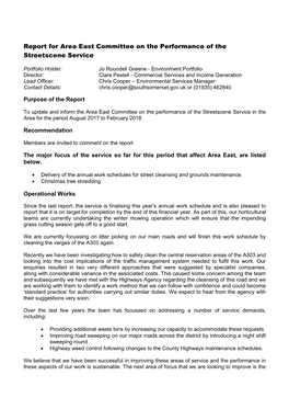 Report for Area East Committee on the Performance of the Streetscene Service