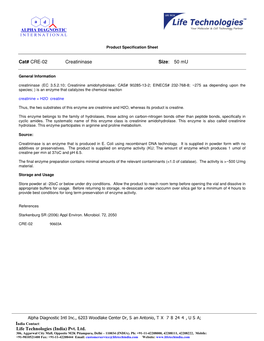 Cat# CRE-02 Creatininase Size: 50 Mu Life Technologies (India) Pvt. Ltd