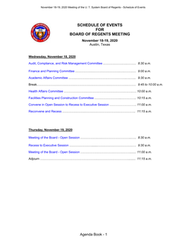 SCHEDULE of EVENTS for BOARD of REGENTS MEETING November 18-19, 2020 Austin, Texas