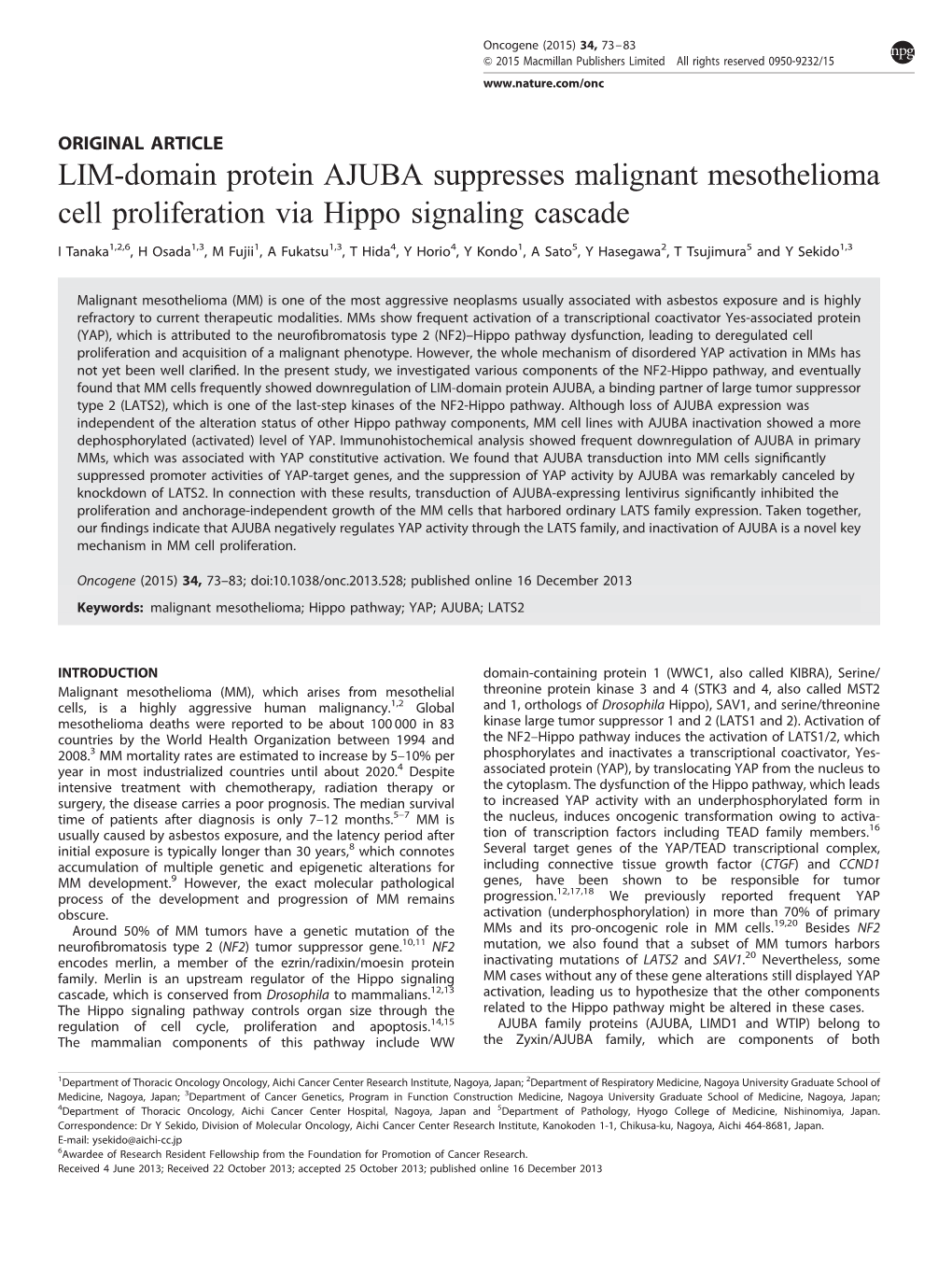 LIM-Domain Protein AJUBA Suppresses Malignant Mesothelioma Cell Proliferation Via Hippo Signaling Cascade