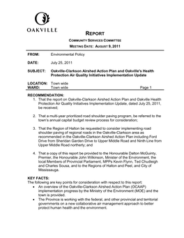 Oakville-Clarkson Airshed Action Plan and Oakville's Health Protection Air Quality Initiatives Implementation Update