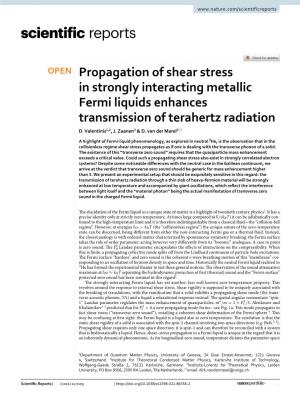 Propagation of Shear Stress in Strongly Interacting Metallic Fermi Liquids Enhances Transmission of Terahertz Radiation D