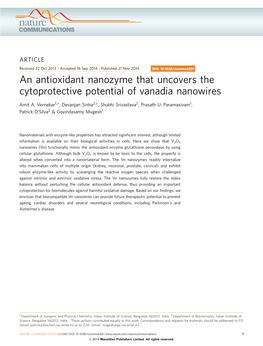 An Antioxidant Nanozyme That Uncovers the Cytoprotective Potential of Vanadia Nanowires