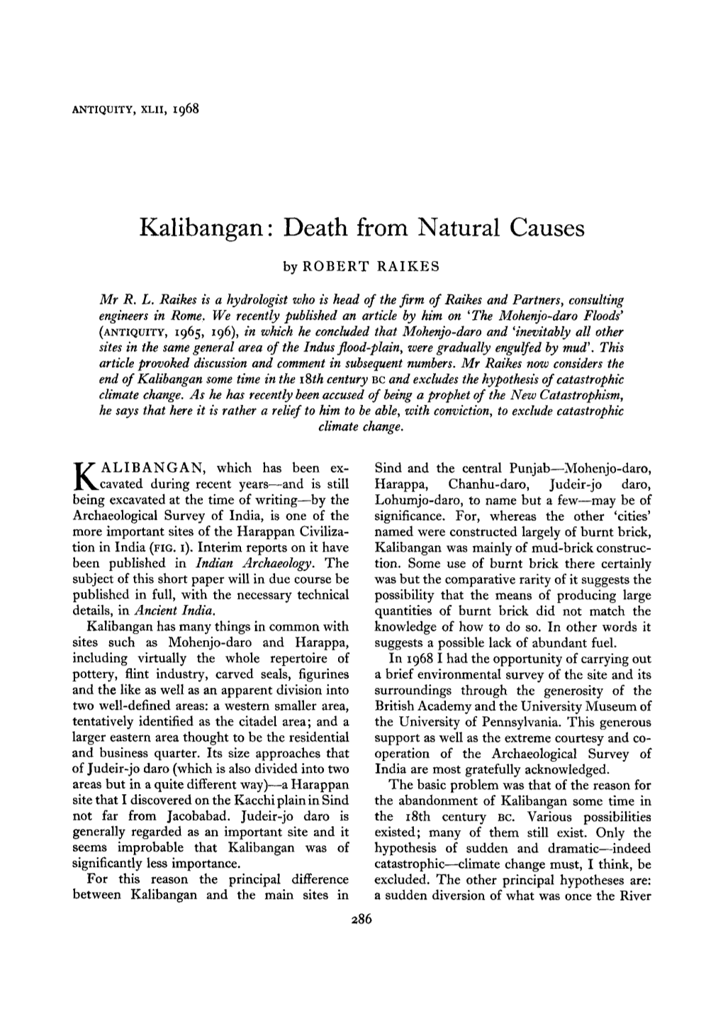 Kalibangan : Death from Natural Causes