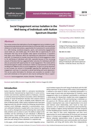 Social Engagement Versus Isolation in the Well-Being of Individuals with Autism Spectrum Disorder