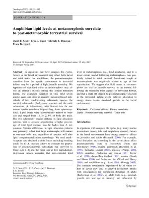 Amphibian Lipid Levels at Metamorphosis Correlate to Post-Metamorphic Terrestrial Survival