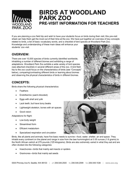 Birds at Woodland Park Zoo Pre-Visit Information for Teachers