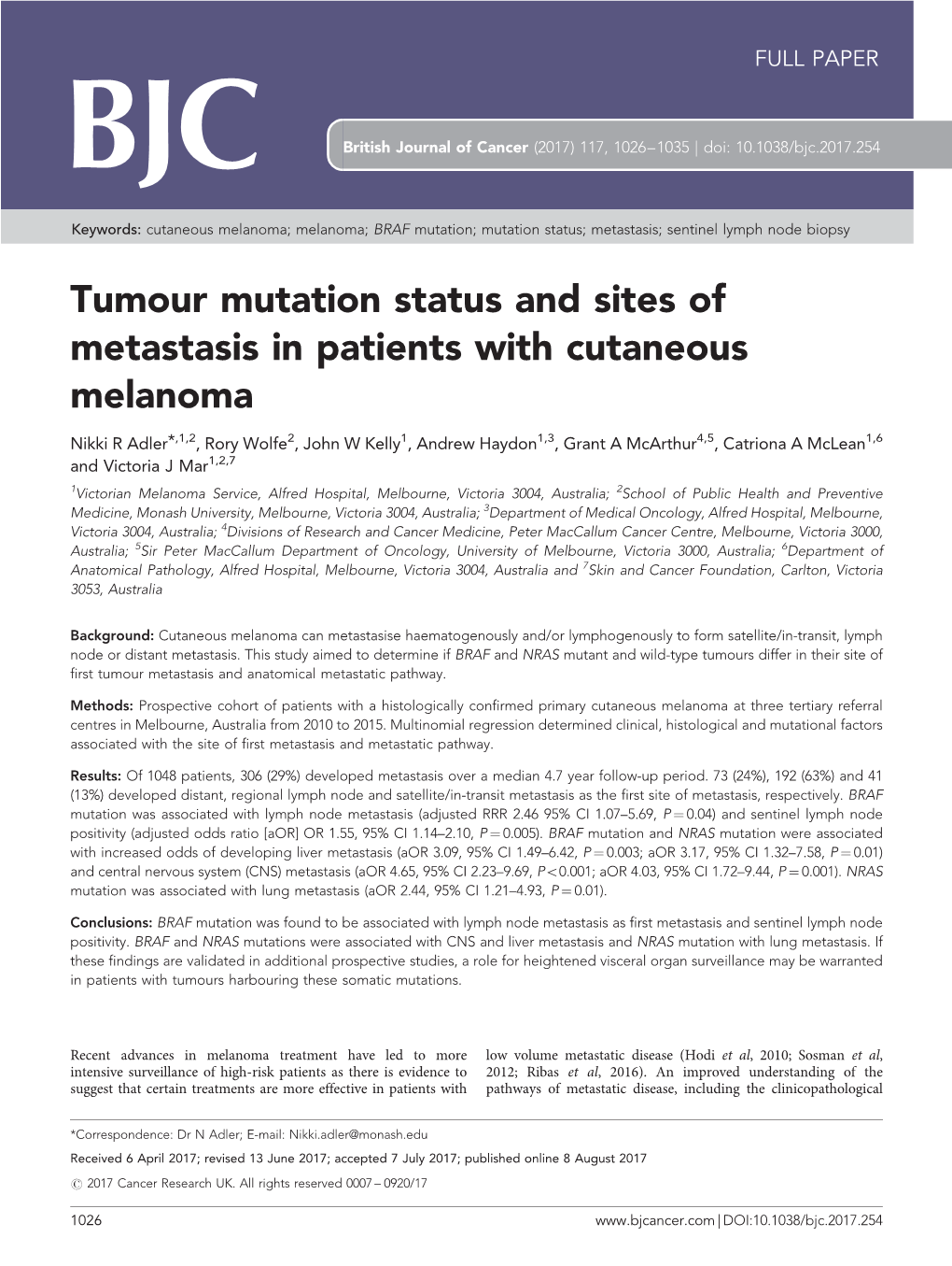 Tumour Mutation Status and Sites of Metastasis in Patients with Cutaneous Melanoma