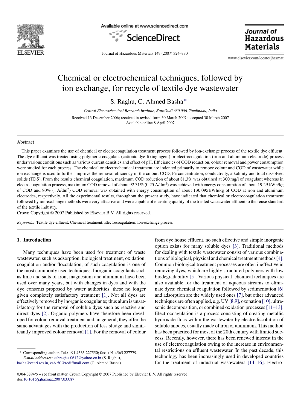 Chemical Or Electrochemical Techniques, Followed by Ion Exchange, for Recycle of Textile Dye Wastewater S