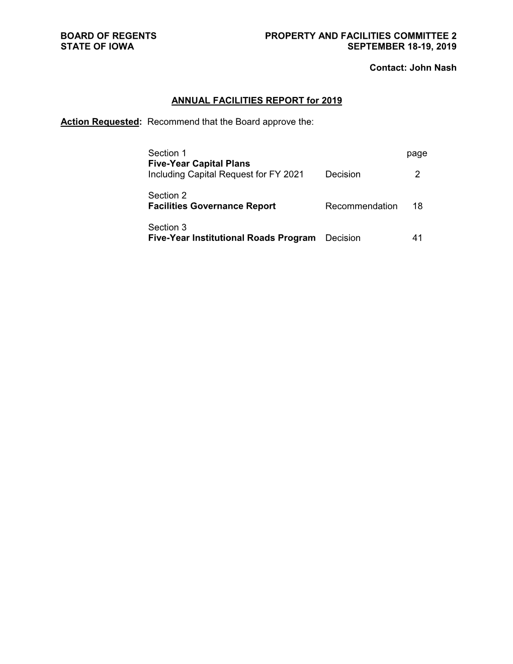 ANNUAL FACILITIES REPORT for 2019