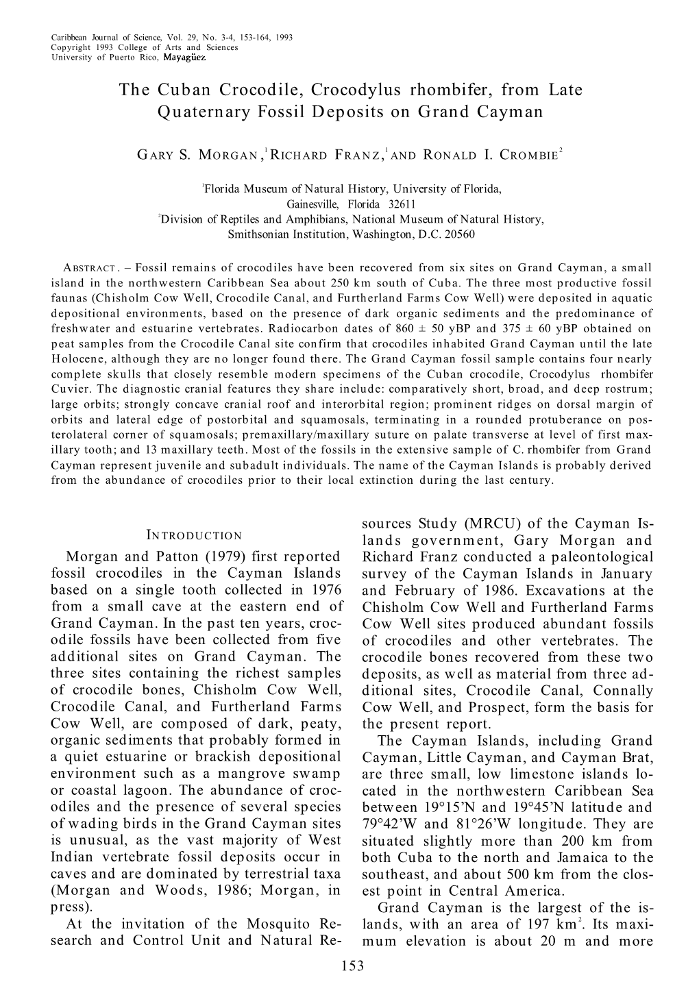 The Cuban Crocodile, Crocodylus Rhombifer, from Late Quaternary Fossil Deposits on Grand Cayman