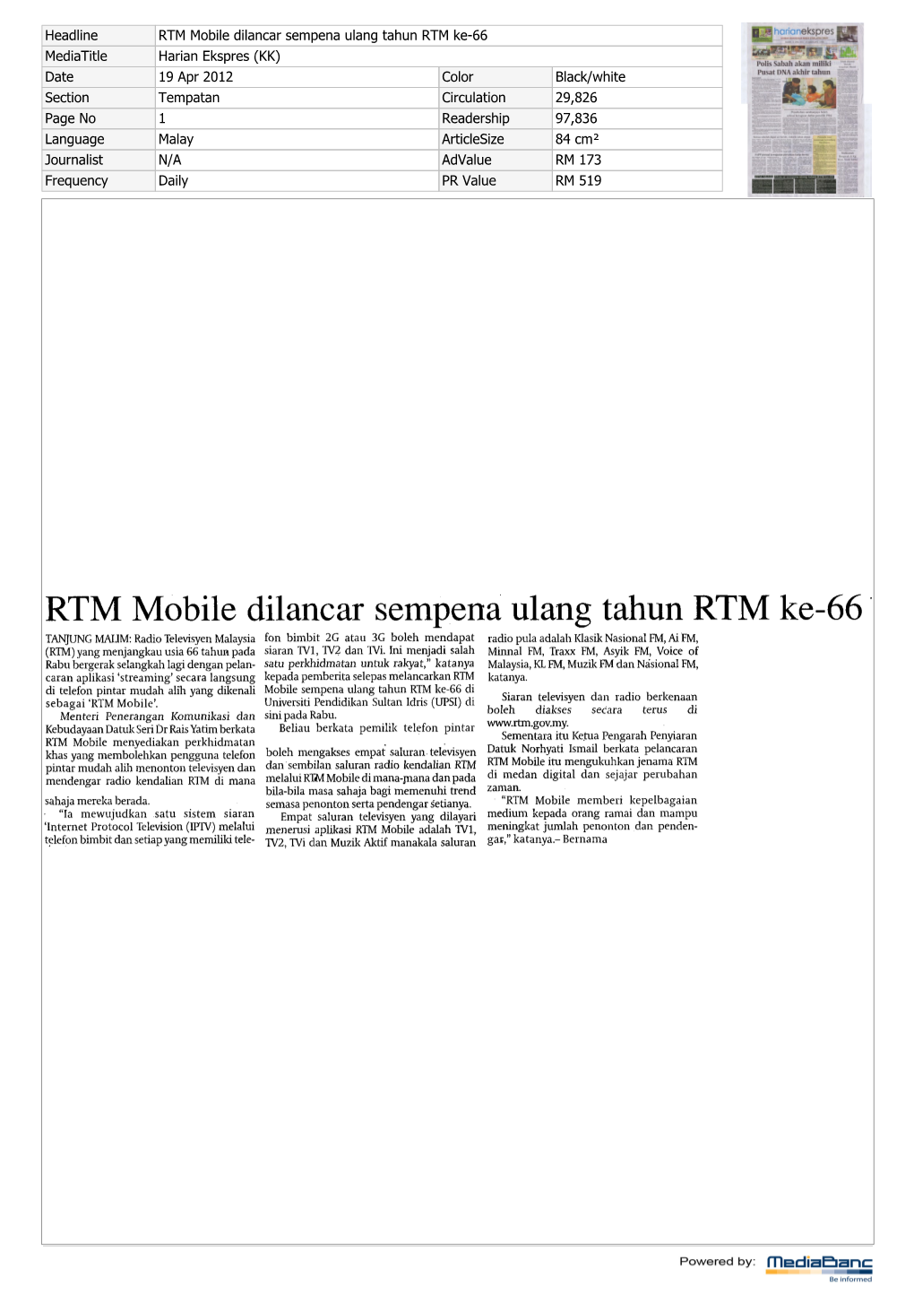 RTM Mobile Dilancar Sempena Ulang Tahun RTM Ke66