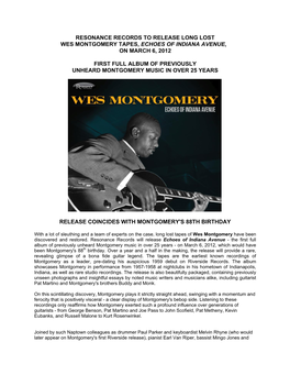 Resonance Records to Release Long Lost Wes Montgomery Tapes, Echoes of Indiana Avenue, on March 6, 2012