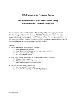 U.S. Environmental Protection Agency Description of Office of Air and Radiation (OAR) Partnership and Community Programs