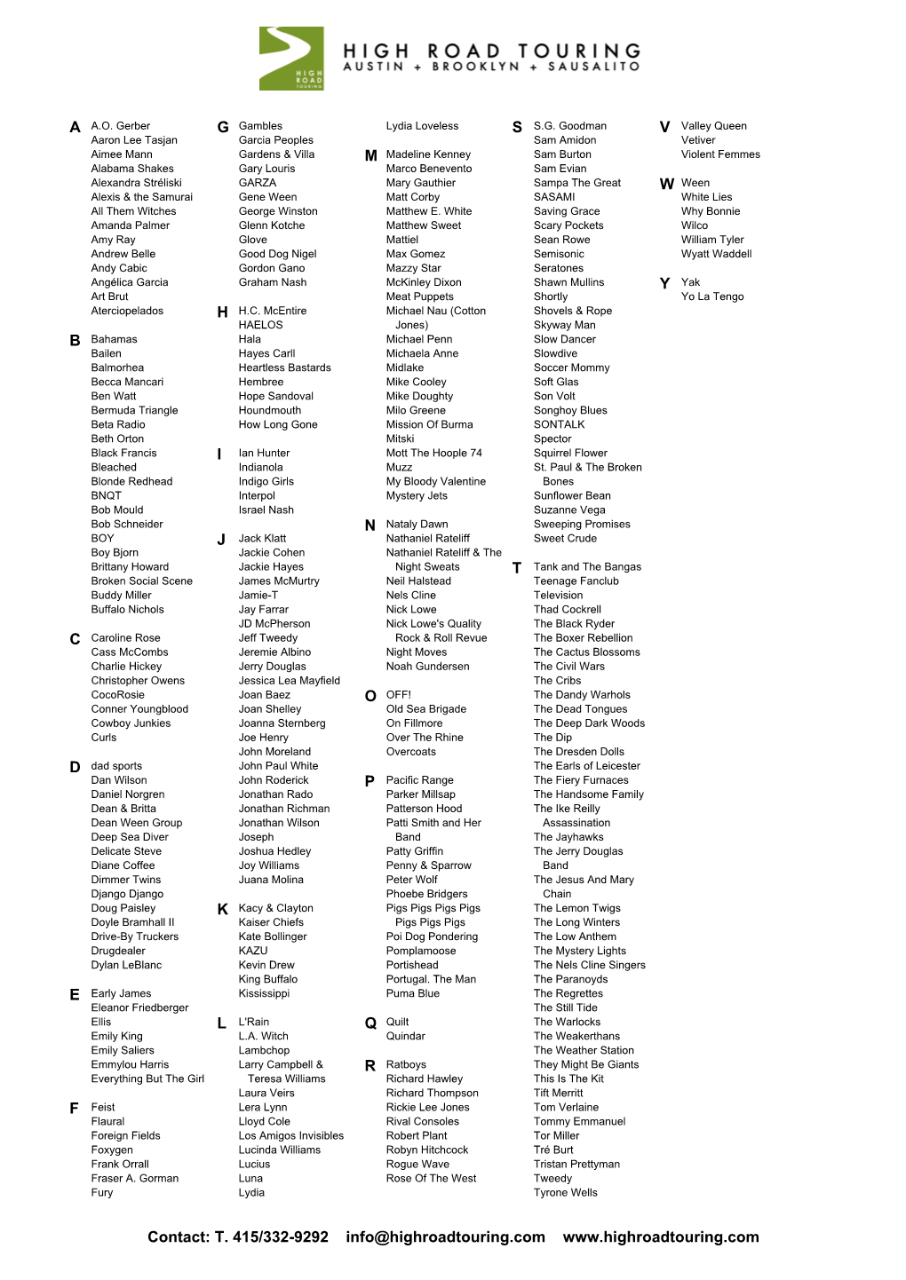 High Road Touring Roster