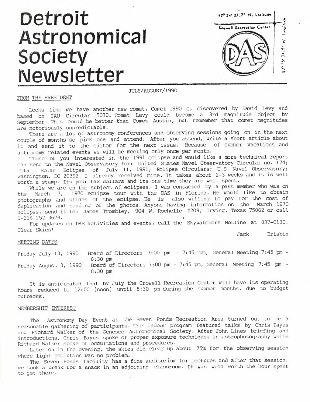 Newsletter JULY/AUGUST/1990 from the PRESIDENT