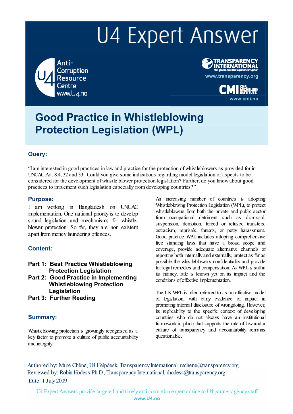 Good Practice in Whistleblowing Protection Legislation (WPL)